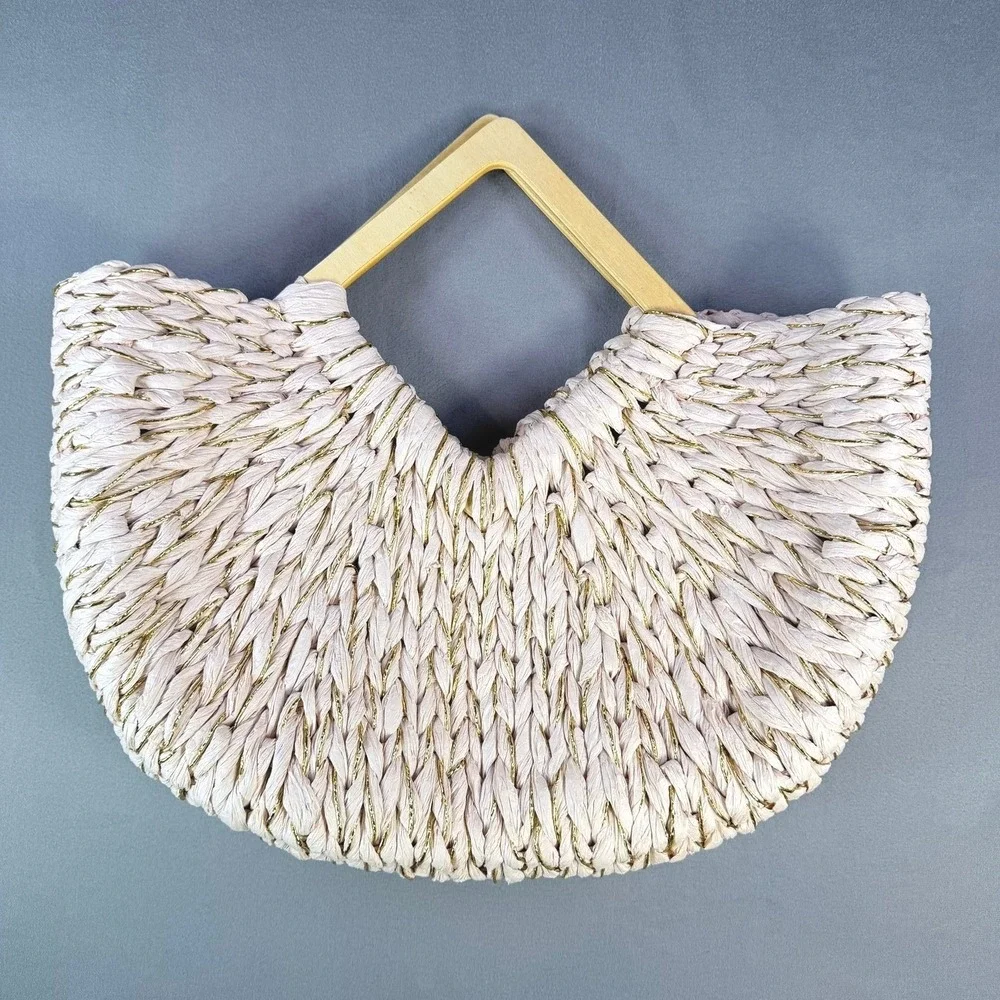Woven Straw Handbag Womens Pink‎ Gold Metallic Wood Handle Beach Tote